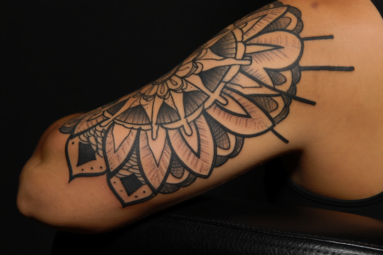 Omuzda detayli geometrik mandala dovme tasarimi