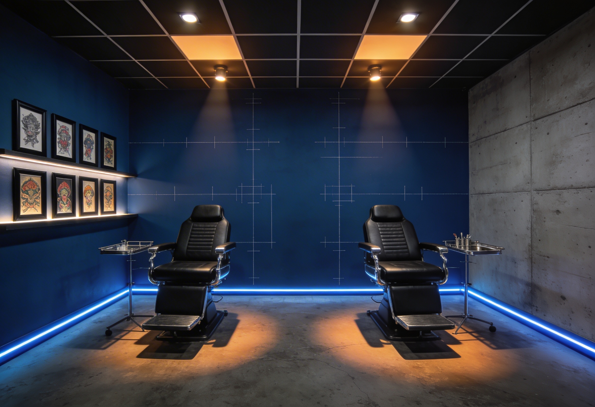 Inkova premium dovme studyosu ic mekan — koyu mavi aydinlatmali profesyonel calisma alani